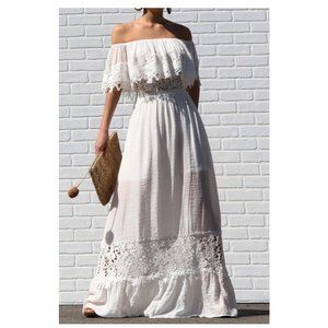 White Boho Off Shoulder Crochet Lace Ruffle Maxi Dress